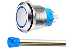 Gebildet 22mm Bouton Poussoir Momentané en Acier Inoxydable, Anneau de lumière LED, 12V-24V 5A 1NO1NC SPDT ON Off Bouton Étanche avec Fiche à Douille (LED Bleue)
