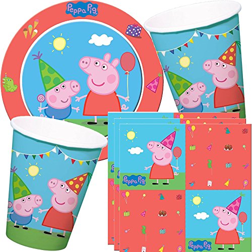37-teiliges Set * PEPPA PIG * für Kindergeburtstag oder Motto-Party mit Pappteller + Servietten + Becher + Luftballons // Teller Essen Pappe Geschirr Party Deko Dekoration Einweg Kinder Geburtstag Pepper Wutz Schwein