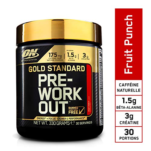 Optimum Nutrition Gold Standard Pre Workout, Booster de Pré-Entraînement avec Creatine Monohydrate, Bêta-Alanine, Cafeine et Vitamine B Complex, Cocktail de Fruits, 30 Portions, 330 g