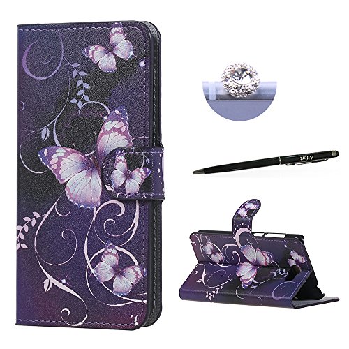 Huawei Y6 II Compact / Huawei Y5 II Hülle, Alfort 3 in 1 Schutzhülle Leder Hülle Flip Wallet Fashion Design Dual Use Falten Premium PU Leder Tasche Case Cover Folio Mappen Kasten Abdeckung für Huawei Y6 II Compact / Huawei Y5 II / Huawei Y6 II Mini Smartphone Funktion Unterstützte Telefone mit Lila Schmetterling ( Lila ) + Netter Staub Stecker + Alfort Schwarz Stylus Pen