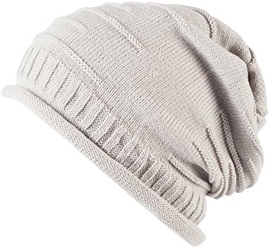 HAT184-Grey Knitted Floppy Slouchy Beanie Hat with Horizontal Ribs