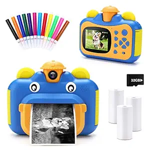 INKPOT Instant Print Camera for Kids,Zero Ink 1080p Video Kids Digital 12MP Selfie Camera for Girls Boys,Birthday Gift Photo Instant Camera for Kids Age 7 8 9 10 11-Color Pens,Print Papers,32GB Card