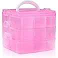 SacJkt Craft Storage Box, Compartments Divider Organizer, 3 Layers 18 Compartments Transparent Detachable Storage Box with Handle for Crafts, Jewelry, Toy, Sewing Accessories (Pink)