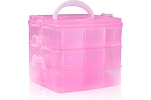 SacJkt Craft Storage Box, Compartments Divider Organizer, 3 Layers 18 Compartments Transparent Detachable Storage Box with Handle for Crafts, Jewelry, Toy, Sewing Accessories (Pink)