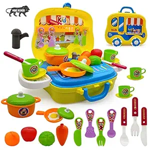 NHR Pretend Play Carry Along Kitchen Food Play Set with Wheel Suitcase and Stickers for Kids Girls (26 Pieces, Multicolor)