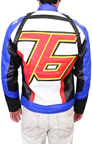 Soldier 76 Gun Men's Gaming Over Costume Stylish Biker Watch White and Blue Motorcycle Jacket (XS, Blue and White)