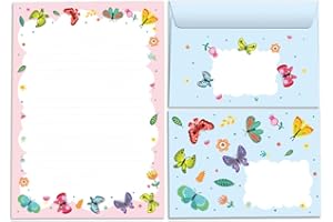 Junapack Bloc de papier à lettre avec enveloppe pour enfants - Papillons - Pour fille - Bloc-notes A5 avec 25 feuilles + 15 enveloppes