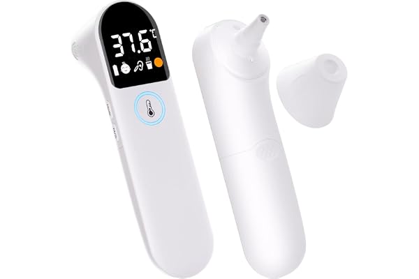 Thermomètre Frontal et Auriculaire Bebe et Adultes - Alerte Fièvre - Mesure Température Nourriture - Haute Précision - Écran LCD - Certifié CE et ISO13485 - Mémoire 32 dernières Mesures