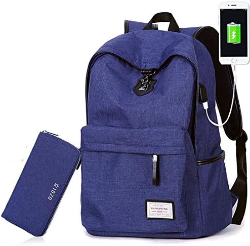 FULOZO® School Backpack Travel Daypack Oxford 15 Inch with USB Charger Water Resistant Laptop Rucksack Business Bag+Wallet(Dark blue,2 PCS)