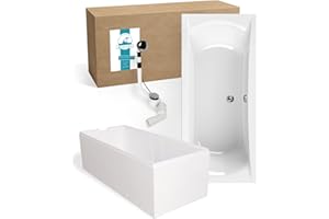 Calmwaters® Rechteck Badewanne Komplettset 180x80 cm mit Wannenträger & Ablaufgarnitur, Acrylwanne Modern Curved, Duowanne für 2, Set Badewanne komplett, Rechteckbadewanne 180 x 80, Weiß, 99000159