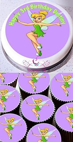 Tinkerbell - 1 x 7.5" & 12 x 1.5" round fondant icing edible cake topper and printed with your custom greeting (Birthday Pack)