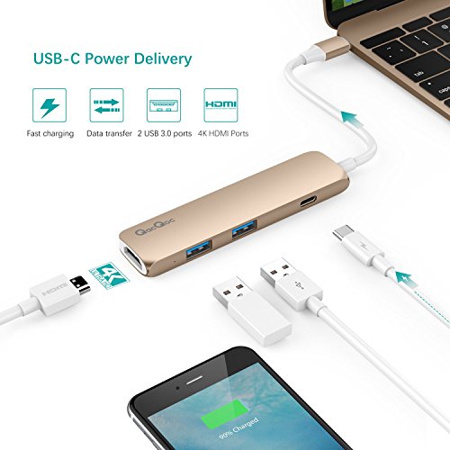 Bqeel GN22B USB C HUB Aluminum Premium Typ-C-Multi-Port Adapter mit 1 Typ-C Ladeanschluss, 1 4K HDMI(30Hz) Videoausgang und 2 USB 3.0 Ports ultra leicht und mobil für Typ-C Computer und Tablets wie MacBook Pro 2016, MacBook 2015/2016, Google Chromebook 2016 (Golden) - 3