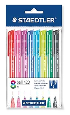 Staedtler - Ball 423 - Polybag 8 Stylos-Bille Triangulaires Rétractable Pointe Moyenne Corps Translucides Assortis