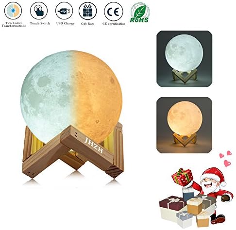 Moonlight 3D Printed Moon Lamp | Touch Control Adjustable Brightness &amp; 2 Selectable Light Option (Warm Yellow &amp; Cool White) with Solid Wooden Holder/ Stand | Lithium Builtin Battery with USB Charging (Lasts appx 12 Hours) | Diameter 7”