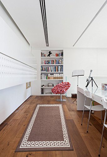 Machine Washable Mink Cream Greek Key Designs Hall Runner- Stair Runner - Hallway-Passage Corridor Kitchen Anti Slip Rugs Mats (MINK/CREAM, 67x220cm(2'2" x7'3))