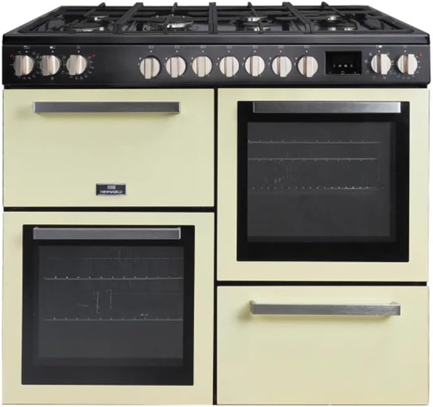 Tesla Dual Fuel Cooker - Freestanding Cream, A/A/A Energy, 7-Burner Gas Hob, 100cm Double Cavity, 62L & 62L Ovens, Easy Clean Enamel, LED Timer, (T100MCDFRCC)