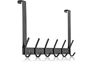 MEIJO Perchero Puerta, Colgadores De Puerta Acero Inoxidable Con 6 Ganchos, Ganchos De Perchero Para Dormitorio Baño Pasillo y Cocina (Negro, 2,1 cm de espesor)