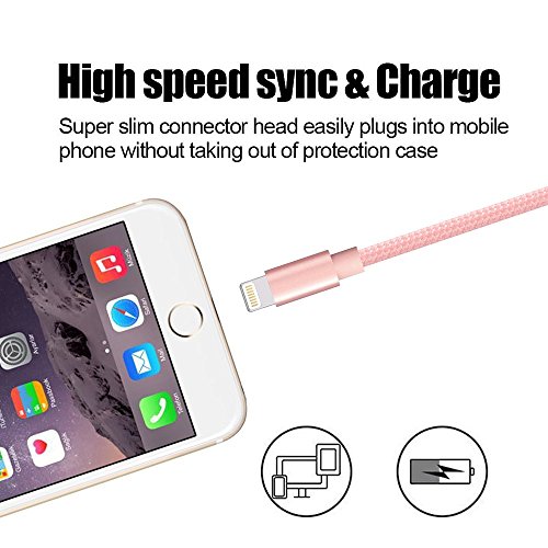 Youer C  ble iPhone Chargeur  3-Pack 1m 2m 3m C  ble Lightning vers USB de Nylon Tress   Robuste avec Connecteur en Aluminium pour Apple iPhone X   8   8 plus   7   7 plus   SE   6s   6s plus   6   6 plus   5s   5 iPad Air iPad mini Rose 
