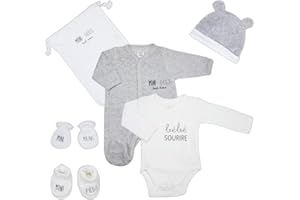 Trois Kilos Sept - Kit Naissance 6 Pièces (Body, Bonnet, Chaussons, Moufles, Pochon, Pyjama) - 1 Mois - Mini Nous