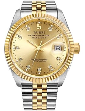 Burei Herren Automatik Armbanduhr kratzfest Syn. Saphir Objektiv mit Datum Golden Zifferblatt und zwei Tones Edelstahl...