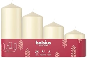 Bolsius - Lot de 4 bougies piliers lisses - Saison de l'Avent - Différentes tailles 12-10-8-6 cm -Ø48mm- Longue durée de combustion - Sans parfum - Avec cire végétale naturelle - Sans huile de palme