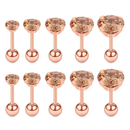 Acefun 5 Pairs 16G Stainless Steel Cubic Zirconia Cartilage Tragus Helix Barbell Stud Earrings Piercing Jewelry 4mm 5mm 6mm 7mm 8mm Rose Gold Color