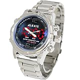 Alexis Herren Runden Armbanduhren Japan Seiko PC21 Quarz Uhrwerk Matt Silber Edelstahlband Weis Dial Wasserdicht Alarm Back Light 12/24 Hour Mode Dual Time Display