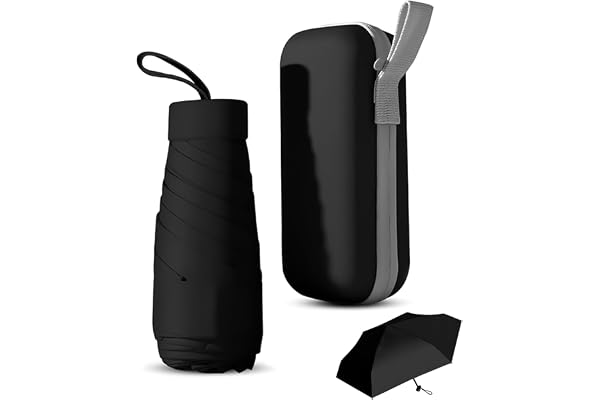 Amexo Miniparaply med fodral, 6 revben hopfällbart reseparaply ultralätt bärbart paraply, UPF>50 solparaply/regn/vindtätt för kvinnor män barn