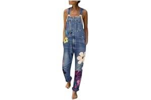 GENERIC Latzhose Damen Jeans Blumen: Jeanslatzhose Damen Lang Oversize Baggy Overall Mit Verstellbare Trägerhose Jeans Stretch Jeansoveralls Vintage Jeans-Latzhose Mit Weitem Bein Sommerhose-Jeanshose