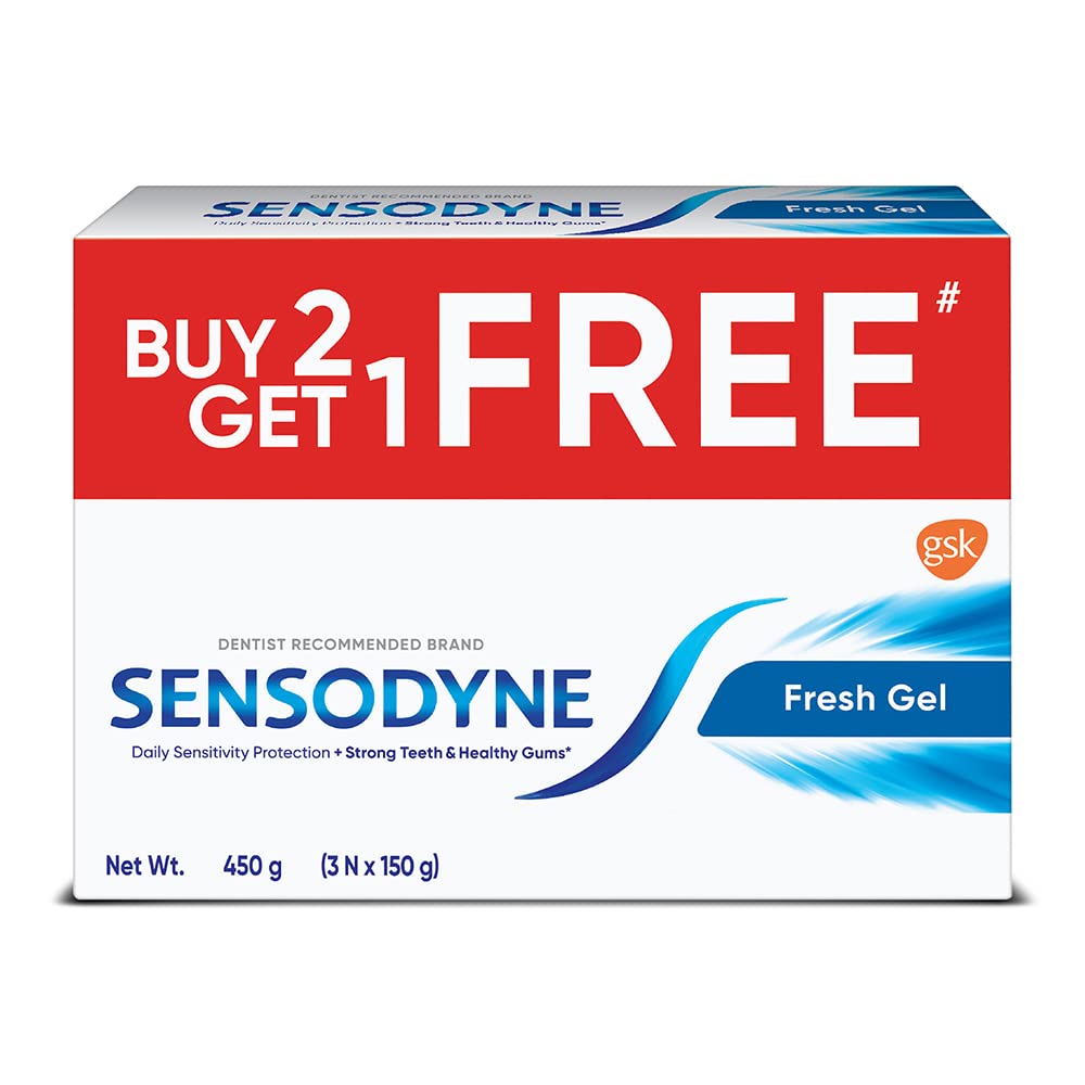 Sensodyne Toothpaste Fresh Gel Combo pack, Sensitive tooth paste for daily sensitivity protection, 450 gm multi-pack (150 gm