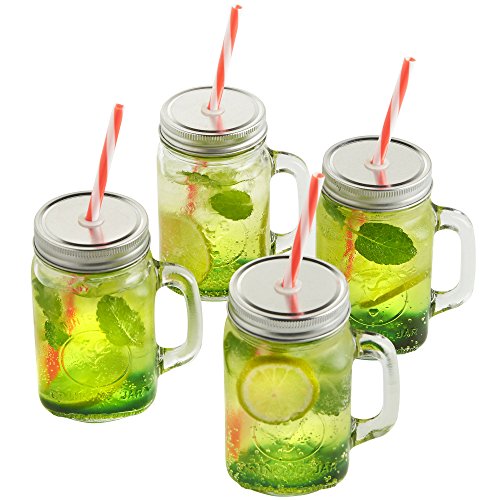 VonShef Set mit 4 Weckglas Trinkgläsern 450 ml Gläser mit Wiederverwendbaren Strohhalmen, Schraubdeckeln & Henkeln - 8