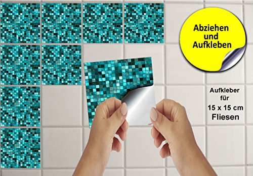 30 stück Fliesenaufkleber für Küche und Bad (Tile Style Decals 30xTP3-6″-Turquoise) | Mosaik Wandfliese Aufkleber für 15x15cm Fliesen Deko Fliesenfolie für Küche u. Bad (15cm 30 stück, Türkis) - 3