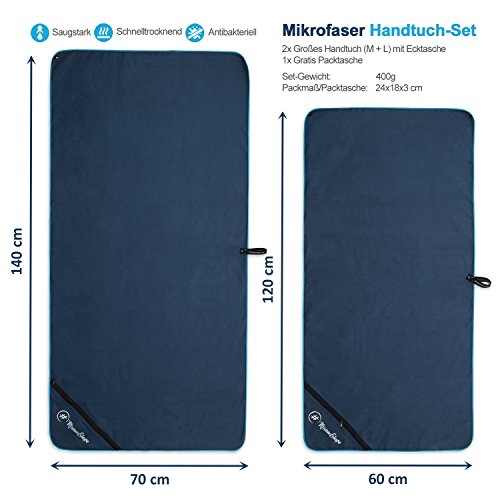 2er-Set Premium Mikrofaser Handtücher – inkl. Packtasche | Ultra saugfähige & schnelltrocknende Sport- und Badehandtücher mit praktischer Reißverschluss Ecktasche | Ideal für Fitness, Yoga, Sauna, Outdoor, Reisen - 4
