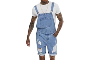 Oanviso Salopette Corta in Denim da Uomo Tinta Unita/Foro Strappato Jumpsuit con Cinturino Regolabile Multi-Tasche Casual Jeans Comodo Salopette Classico Vintage Abiti da Lavoro