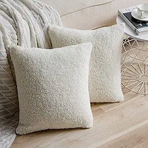 Mellifluous Set of 2 Cream White Decorative Luxury Faux Curly Wool Fur Pillow Covers Soft Wool Square Throw Pillow Cases Cushion Covers for Sofa Couch Bedroom Living Room Home Decoration (18x18)