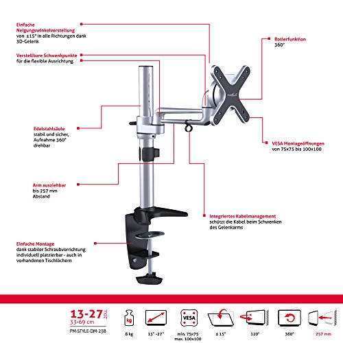 PureMounts PM-STYLE-DM-23B Schreibtisch Halterung für Monitore bis 71cm (28 Zoll), schwenkbar, neigbar, drehbar, VESA 100, Armlänge: 1x ca.16cm - 6