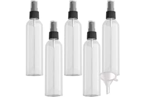 PQPAUTY 5 Piezas Pequeño 250ml Botella de Spray Plástico PET Vacías Transparentes con Bomba en Spray Negro, Niebla Atomizador para Perfume Viaje Artículos de Agua Cosmético,1 Pieza Embudo