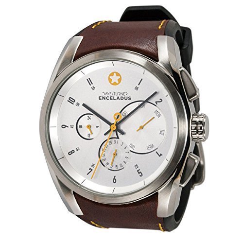 DAYE / TURNER Herrenuhr Stern ENCELADUS XL-Chronograph Edelstahlgehuse Lederarmband Hellbraun Ziffernblatt Weiss Seiko Quarzuhrwerk Hochwertiges Mineralglas