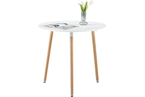 EGGREE Okrągły stół do jadalni, biały, skandynawski, stół do jadalni, stół z płyty MDF, nowoczesny z 3 nogami bukowymi 80 x 70 cm