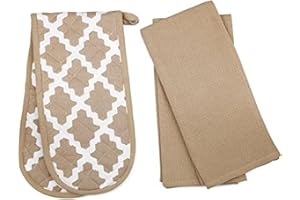 Penguin Home 3058 Guantes y Toallas de té Oven-100 Suave, Duradero y súper Absorbente (Juego de 3 Piezas, Beige Diamante), Algodón, 73 X18 X2 cm