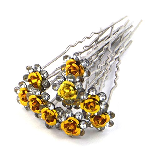 Bride Boutique Bridal Wedding Prom Silver Crystal Diamante Rose Flower Hair Pins Clips Grips (Gold)
