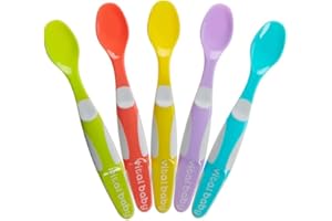 Vital Baby Nourish Start Weaning Spoons - Soft, Flexible & Shallow Spoon Tips Protect Sensitive Gums - Bright Colours - BPA, Phthalate & Latex Free - Infant Spoons Ideal for Weaning - 4 Months+, 5pk