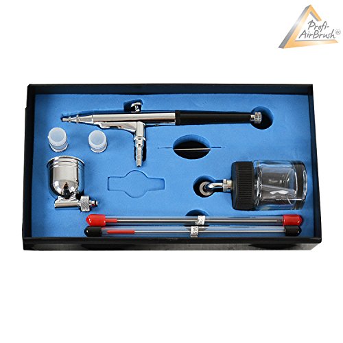 PROFI AIRBRUSH SET ULTIMATE Set I mit 6* TATTOO und 4* FARBEN KIT mit sehr leisem AIRBRUSH KOMPRESSOR, UNIVERSAL AIRBRUSH PISTOLE DOUBLE ACTION inkl. 3 Düsen + Nadeln + Fliesbecher + Glas und Druckluftschlauch integr. 2 fach Airbrush HALTERUNG - 3