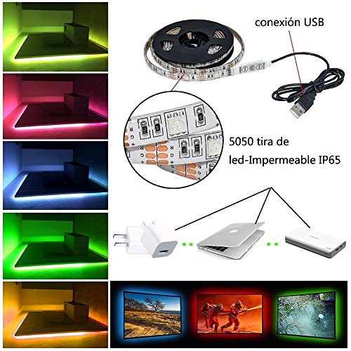 Simfonio Tiras LED Iluminaci&oacute;n 1m 5v 30leds IP65 Impermeable 5050 SMD RGB Multicolor Tira de Led Kit Completo con Mini Control y Conexi&oacute;n USB para TV, HDTV, Pantalla LCD, Port&aacute;til, Sobremesa, Dormitorio