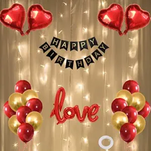 FI - FLICK IN 40 pcs Happy Birthday Decorations Combo Metallic Love Foil Balloon Led Light Decor Happy Birthday Banner Birthday Decoration Items for Kids Adults Husband & Wife (Pack of 40,Multicolor)