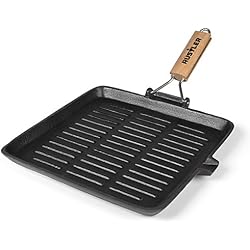 Rustler - Poêle en Fonte émaillée avec Poignée en Bois - Carrée - 26 x 26 cm - Parfait pour Cuisson sur Grill, Barbecue et feu de camp - Utilisable sur Gaz, Feu de bois et au Four
