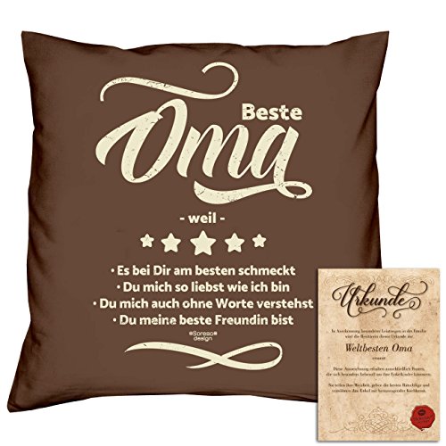 Beste Oma weil – Geschenk-Set – Kissen mit Füllung und Urkunde Persönliche Geschenkidee für Weihnachten Geburtstag Valentinstag Weihnachtsgeschenk Farbe:braun - 5