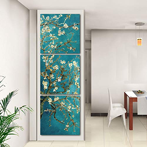 3 Panel Blue Background Floral Decorative Painting, Print on Canvas Poster, Suitable for Hotel Corridor Living Room Wall Decoration, Vertical Hanging,40cm*40cm*3pcs