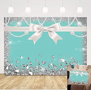 Breakfast Blue Bow-Knot Birthday Party Photography Backdrop Sweet 16 Turquoise Diamond Bow Glitter Photo Background 5x3ft Vinyl Bridal Shower Party Banner Supplies Backdrops Studio Props