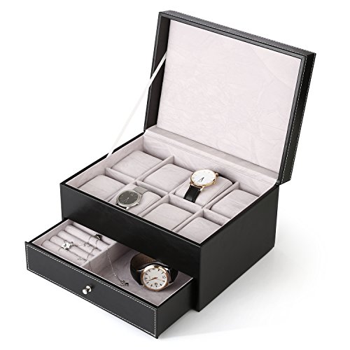 Amzdeal Watch Box Double Layers 8 Grids Jewelry Display Case Leather Tray Organizer, Black